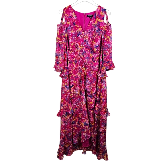 Tahari ASL Pink Printed Cold-Shoulder Asymmetric-Ruffle Dress NWT - Picture 4 of 16